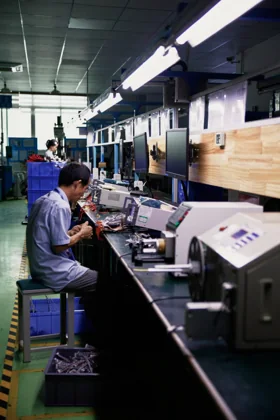 Operator checking assemblies at a harness testing workstation