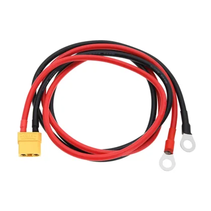 Red and black power leads with a yellow two-pole connector and ring terminals