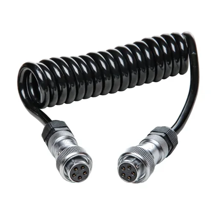 Black coiled cable with metal circular connectors at both ends