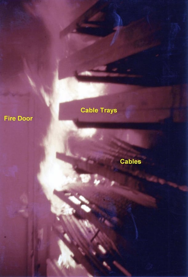 A cable-tray fire test illustrates fire exposure; it is not evidence of this assembly's LSZH performance.