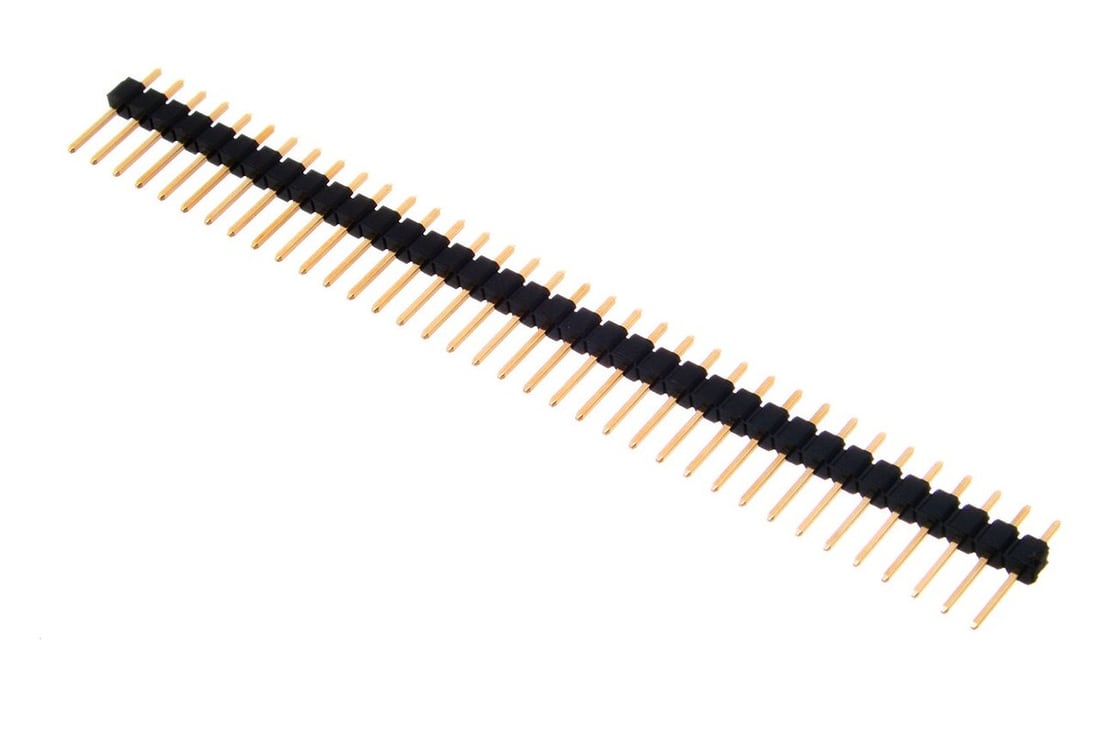 Metal contact surfaces on a pin header; colour alone cannot establish the plating specification.