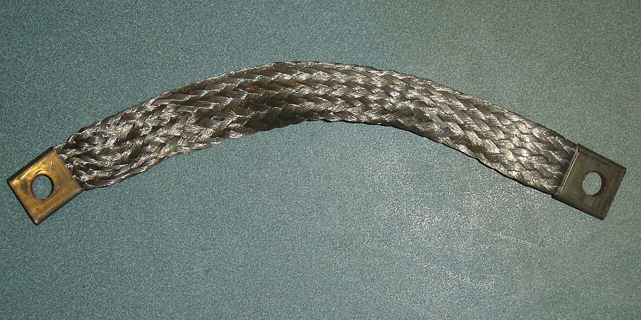 Braided earth strap: a flexible conductor connects the two mounting palms.
