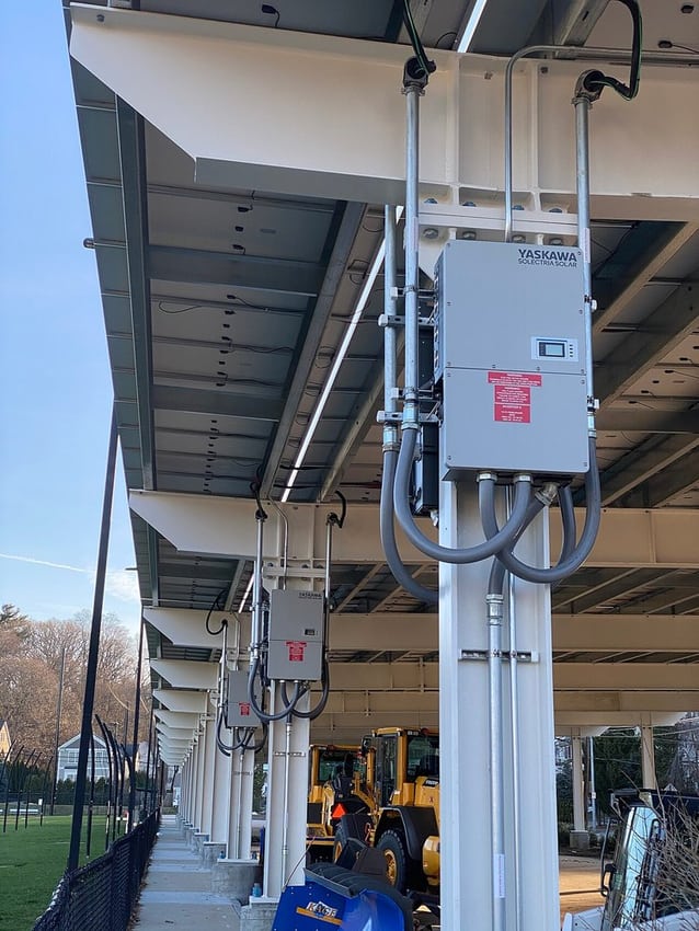 Installed solar inverters illustrate outdoor energy equipment and cable routing.