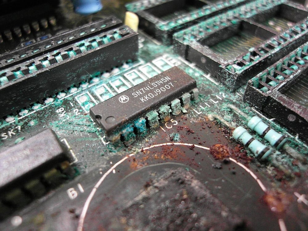 Corrosion on electronics illustrates the value of preserving physical failure evidence.