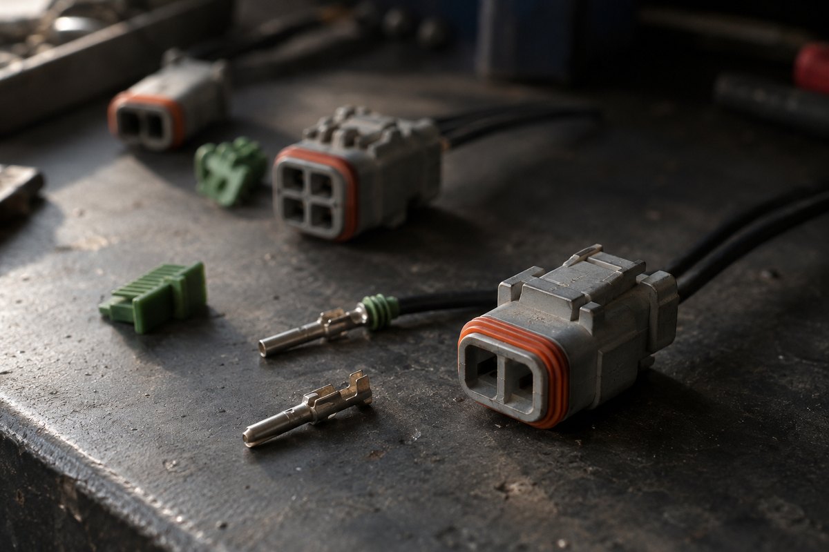 AI illustration of sealed-connector components, not an exact DEUTSCH part or dimensional reference.