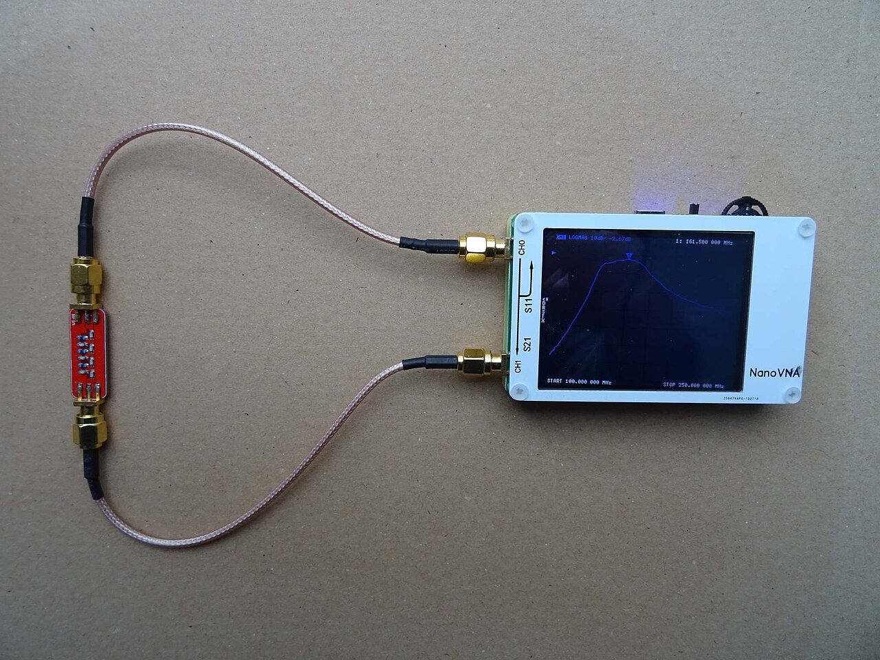 A compact vector network analyzer illustrates RF measurement, not a certified test result.