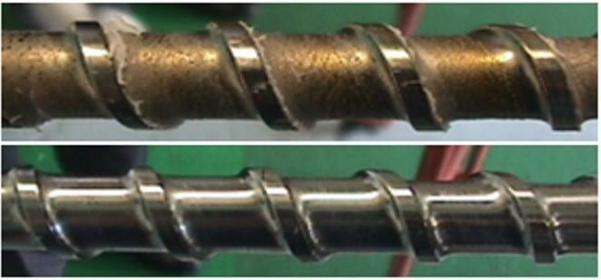 Injection-machine screws illustrate polymer processing hardware, not a finished overmould specification.
