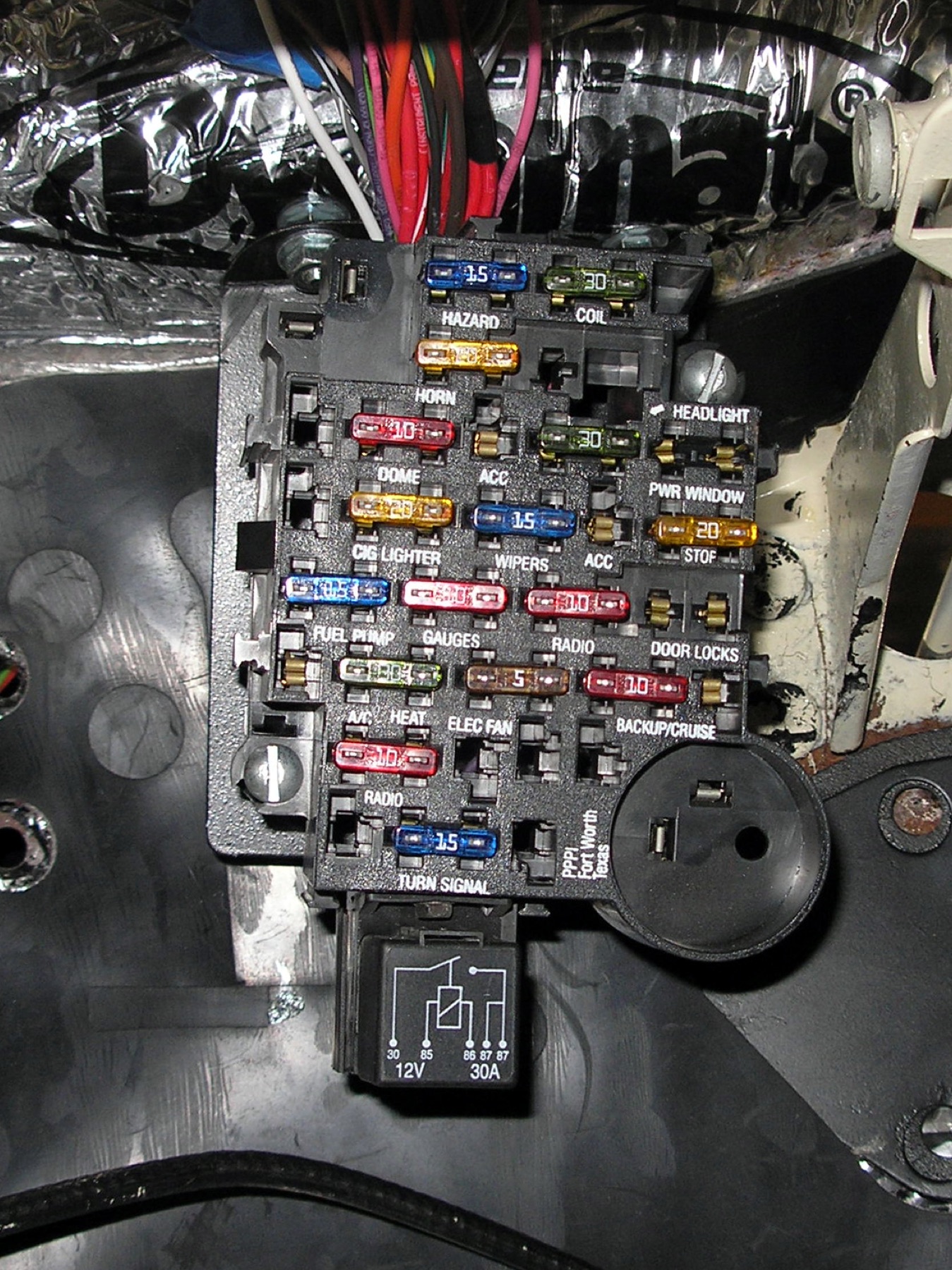 Relays and fuses inside a vehicle fuse box