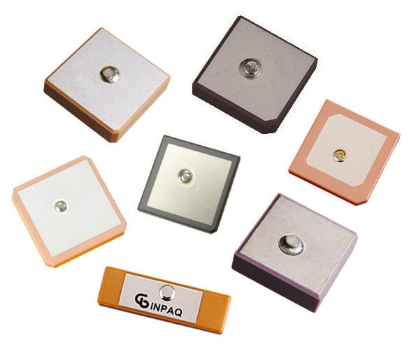 Ceramic patch antennas illustrate GNSS receiving elements; the receiver and harness are separate components.