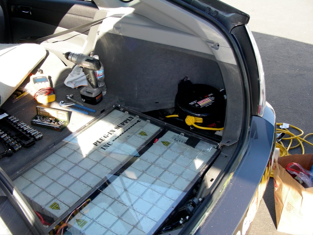 A Prius conversion battery installation illustrates system packaging, not a recommended retrofit.
