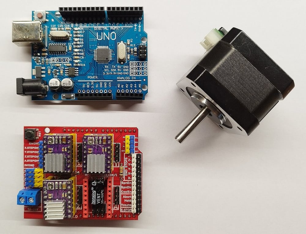 Controller board and stepper motor demonstrate the signal-to-actuator connection path.