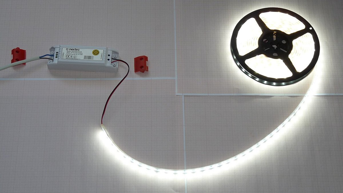 LED strip and supply illustrate the distinction between supply wiring, control and module connections.