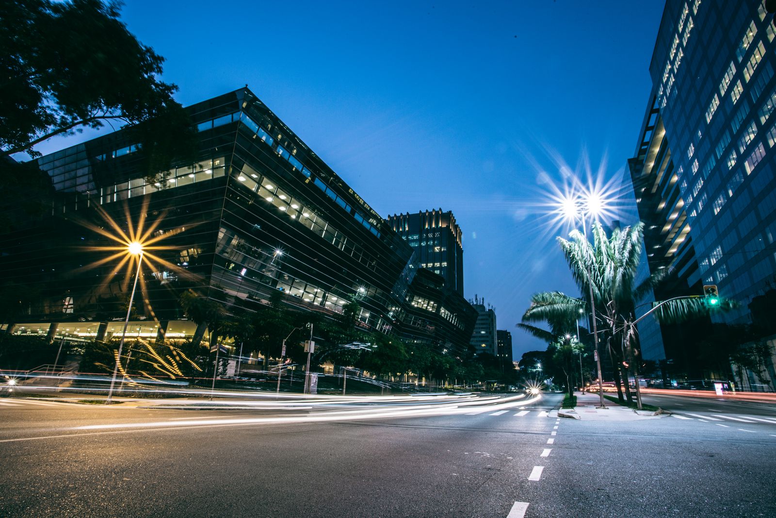 Illuminated street and building facades