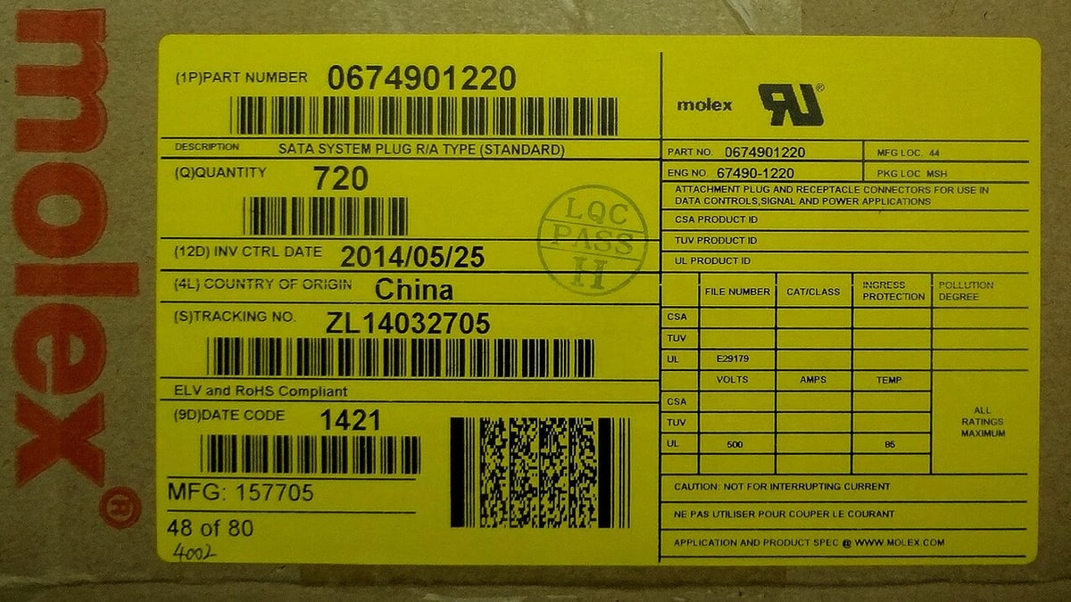 Historical Molex packaging label illustrates part-number and lot identification, not current Super Smile stock or pricing.