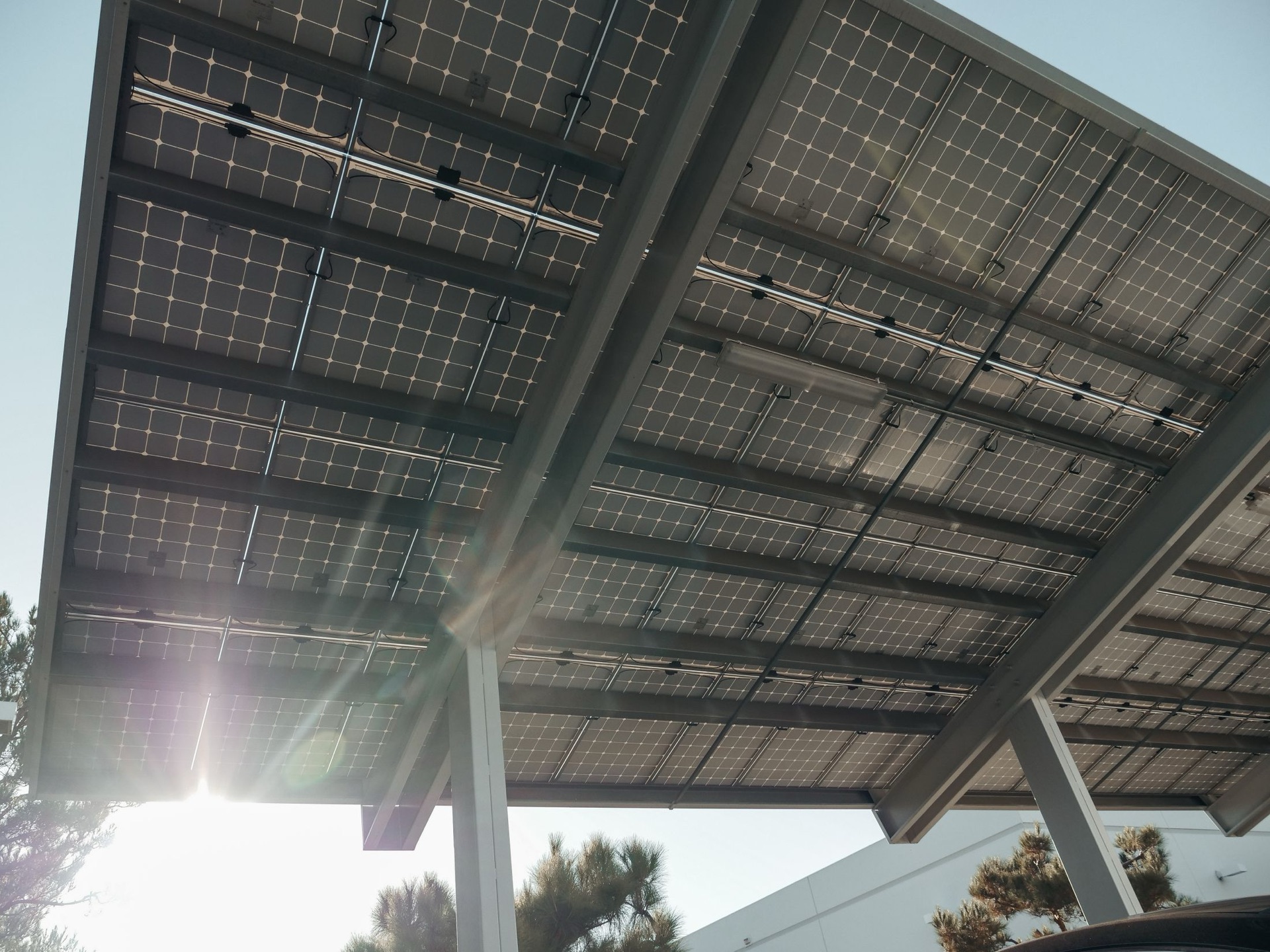 Beams and panel surfaces beneath a photovoltaic canopy