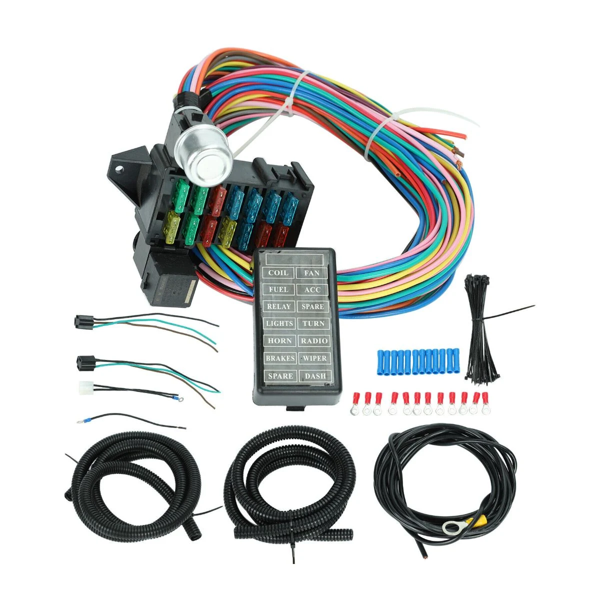 Construction close-up of Multi-Circuit Fuse Box & Color-Coded Wire Main Harness Set