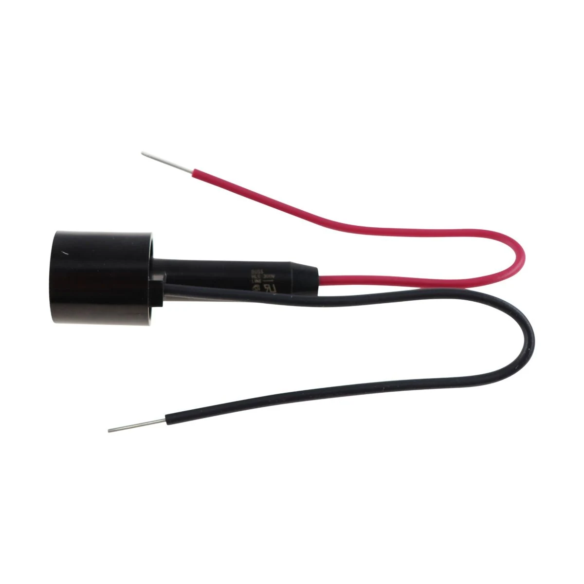 Construction close-up of Cylindrical fuse holder with red and black wire leads