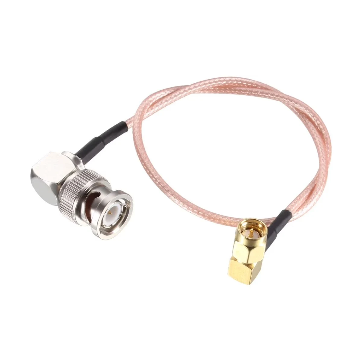 Construction close-up of BNC Right-Angle to SMA Right-Angle Coaxial Cable