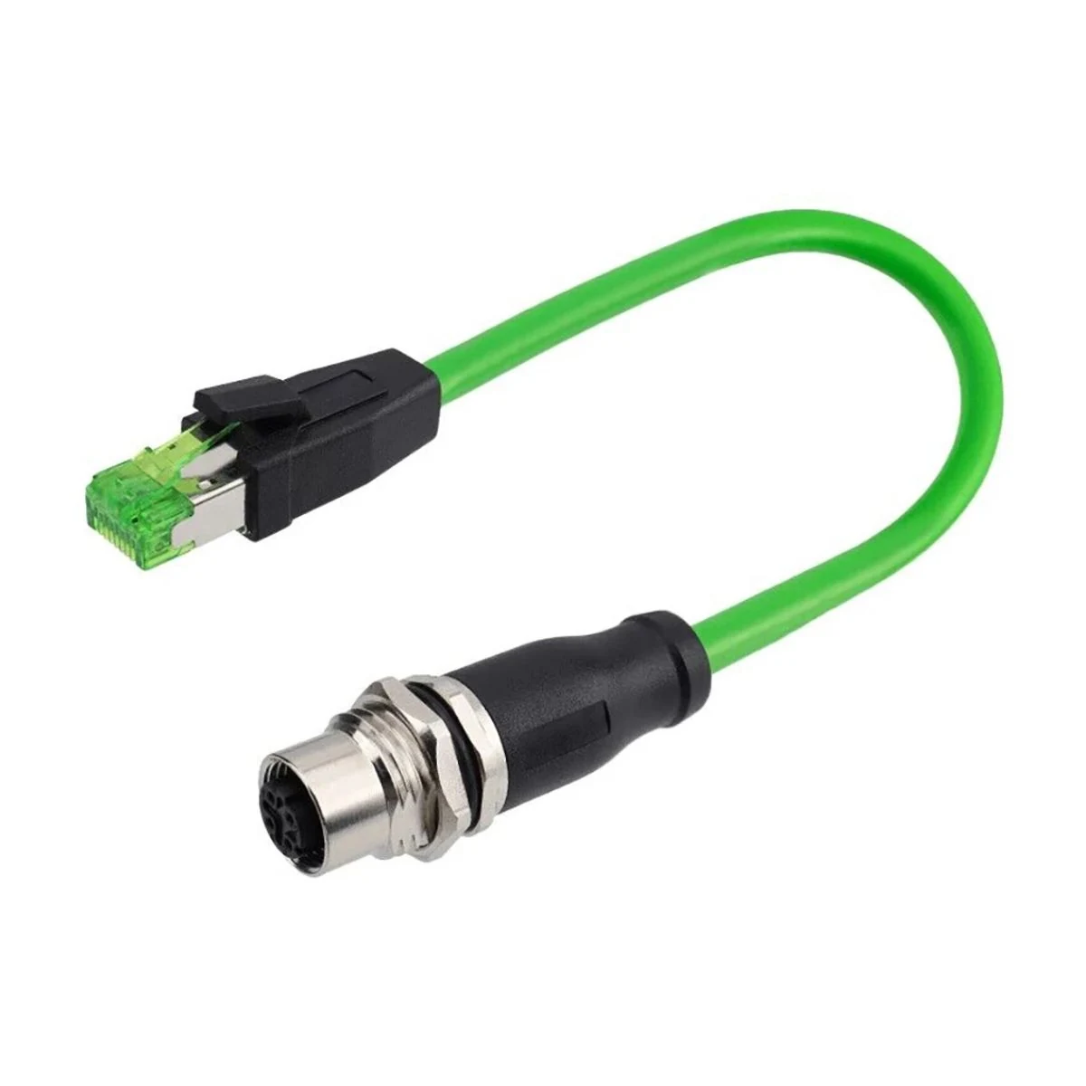 Construction close-up of M12 D-Coded Bulkhead Connector to RJ45 Short Cable