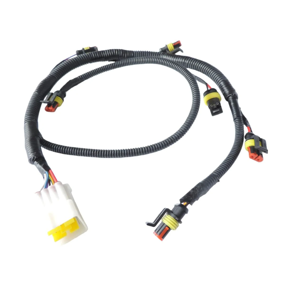 Construction close-up of 6-Pin Rectangular Connector 3-Way Corrugated-Conduit Harness