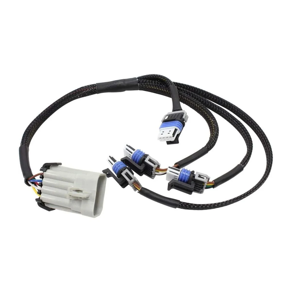 Construction close-up of White Main Connector Multi-Terminal Braided Sleeve Branch Harness