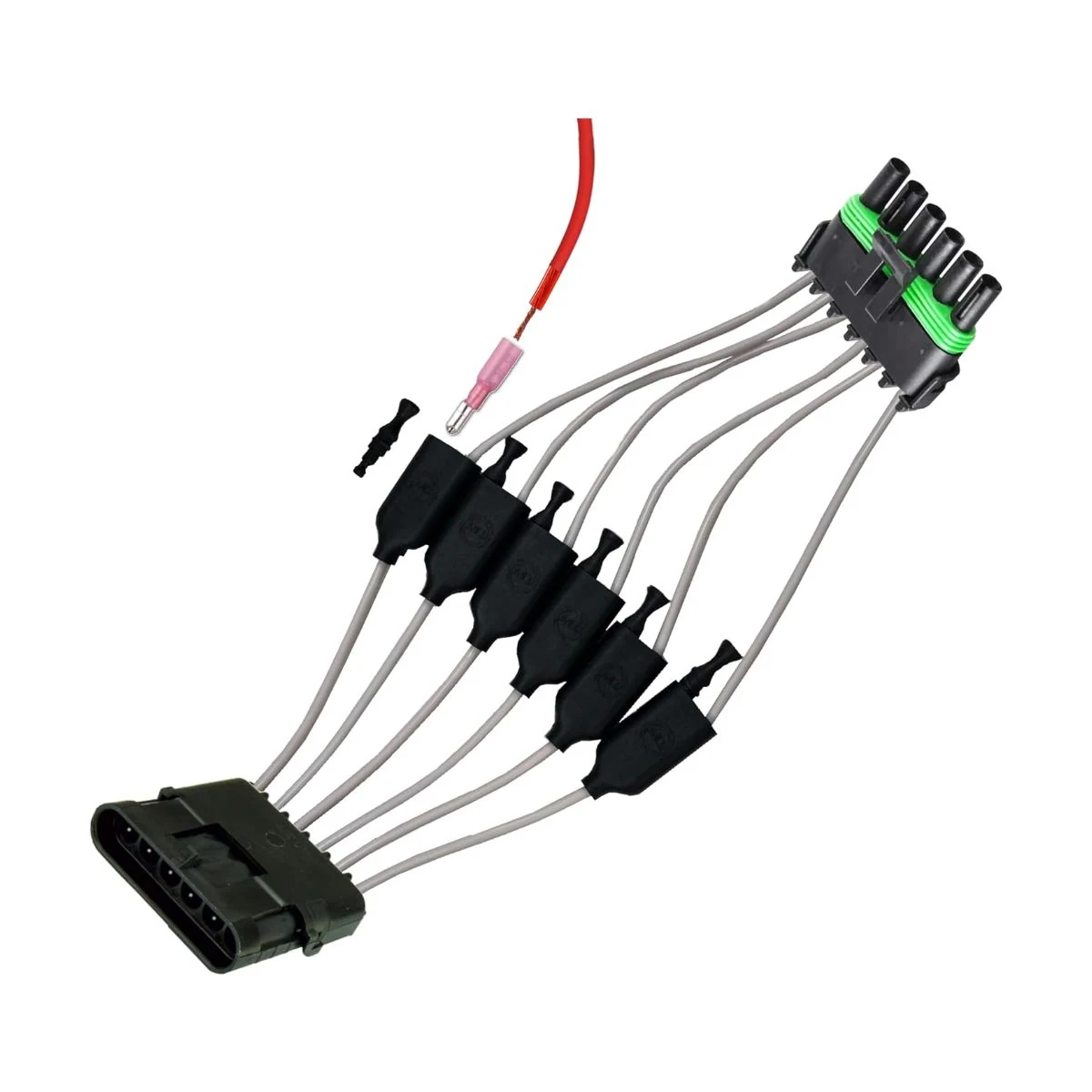 Construction close-up of 6-Pin Rectangular Connector to Ring-Terminal Branch Harness