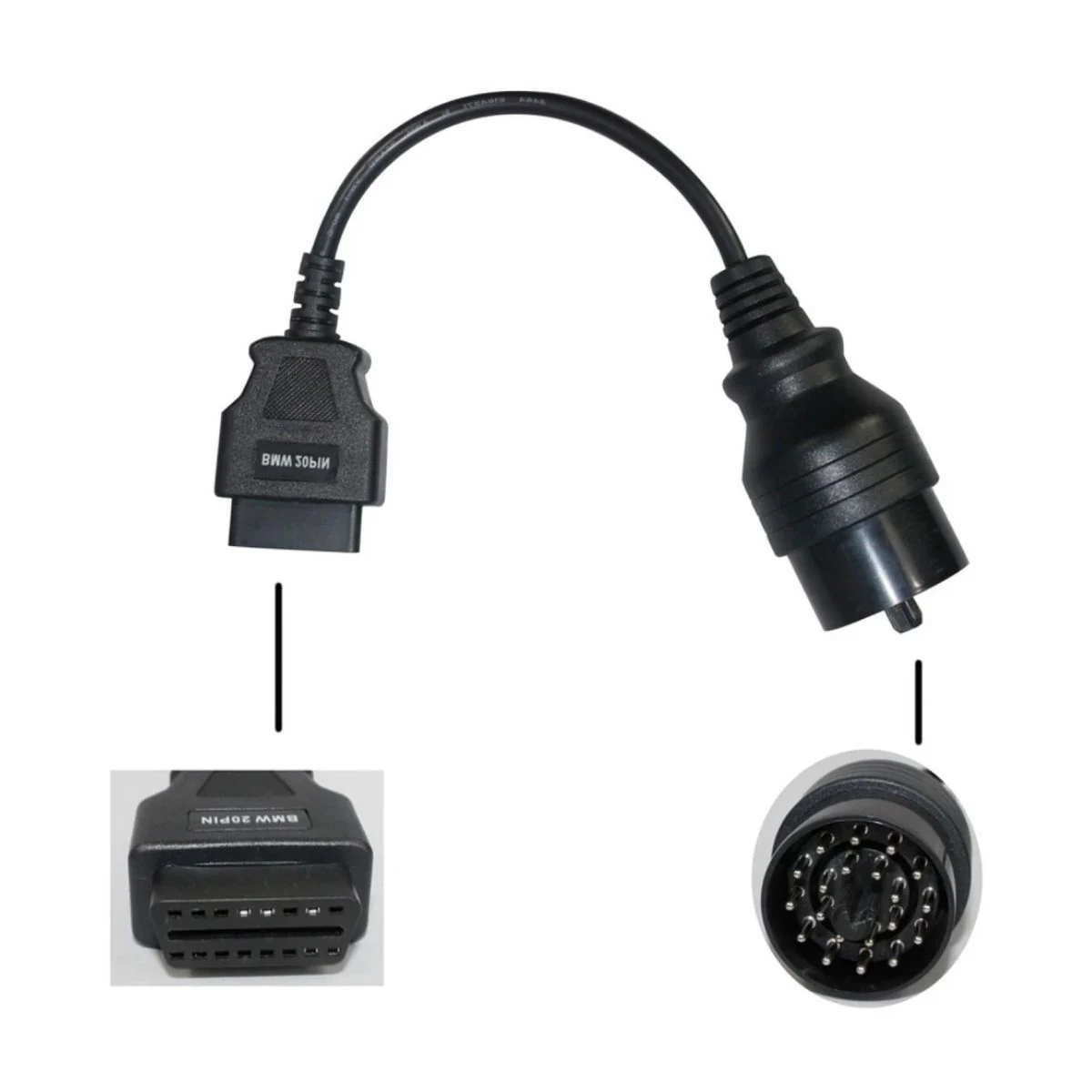 Construction close-up of 20-Pin Circular Diagnostic Plug to OBD-II Corrugated-Conduit Harness