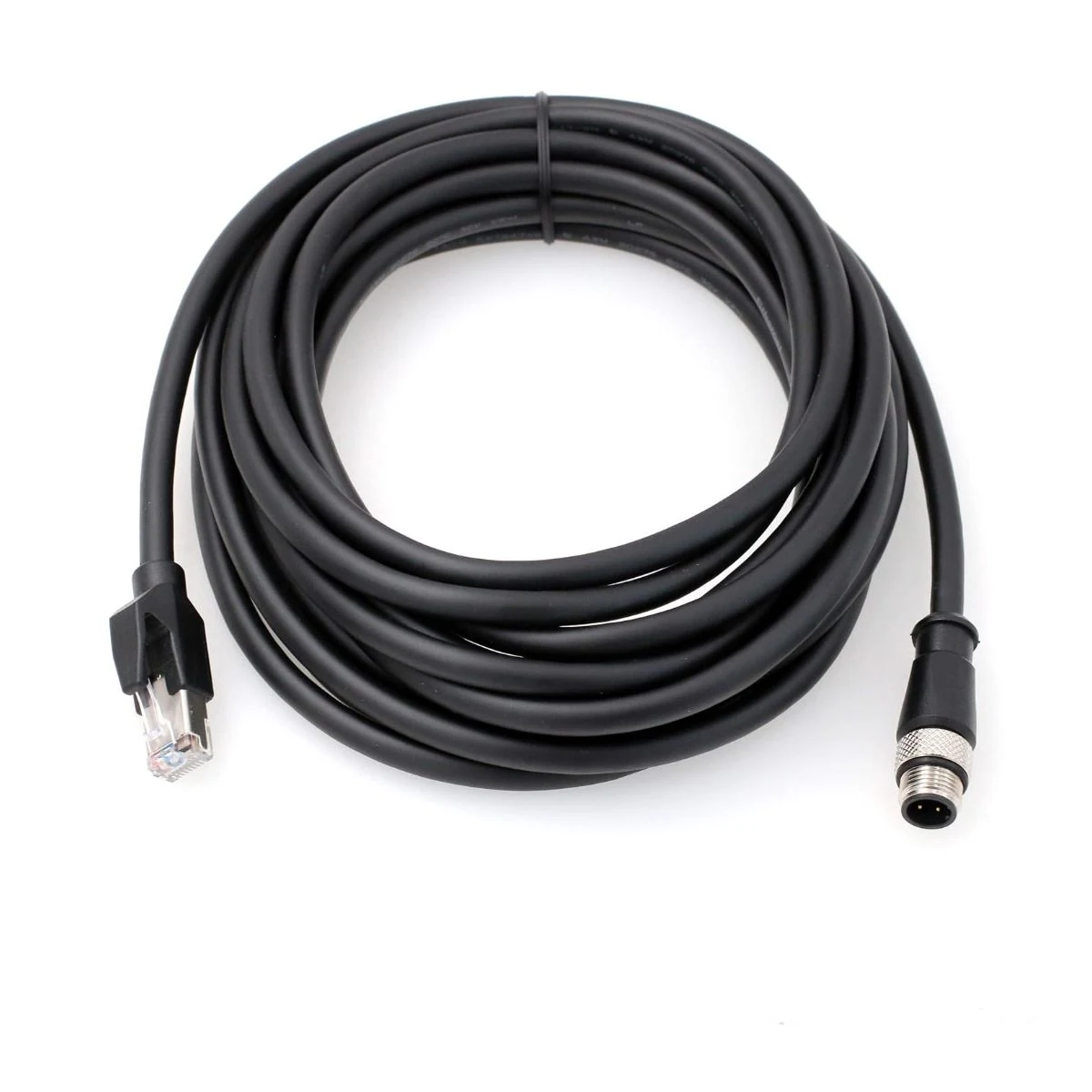 Construction close-up of M12 4-Pin D-Coded to RJ45 Industrial Ethernet Cable