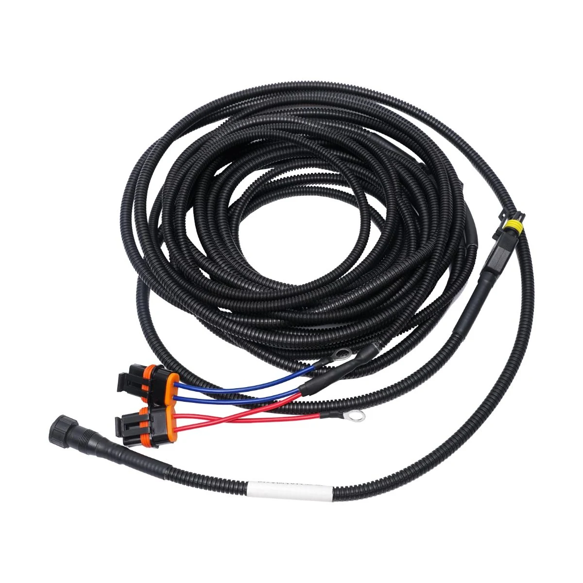 Construction close-up of Sealed Plug & Ring-Terminal Coiled Harness