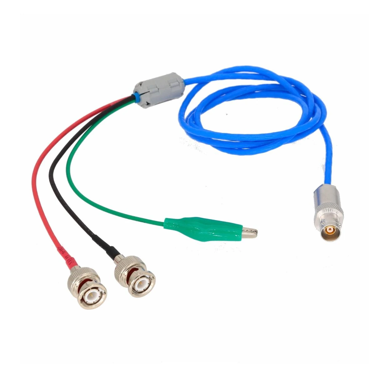 Construction close-up of Triaxial Socket to BNC & Alligator Clips Harness
