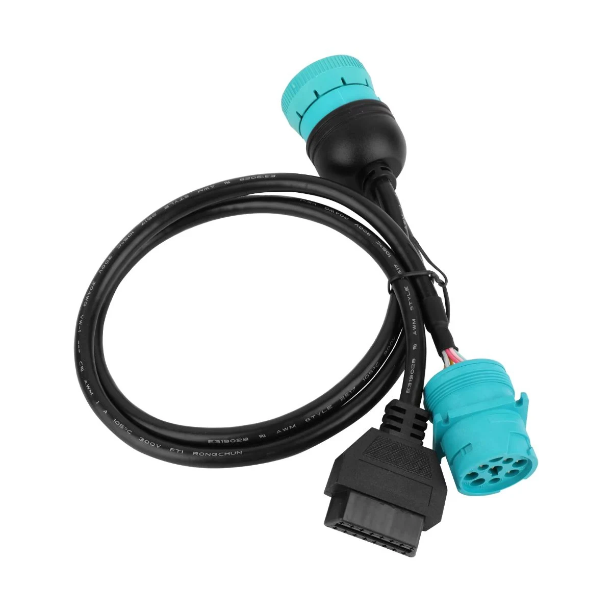Construction close-up of J1939 Dual Circular Plugs to OBD-II Looped Branch Harness