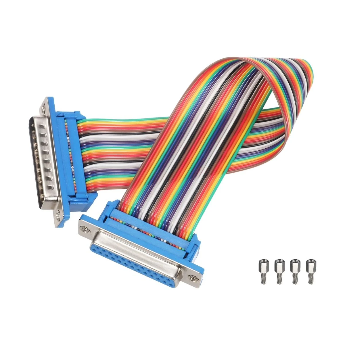 Construction close-up of DB25 Plug to DB25 Socket Rainbow Ribbon Cable