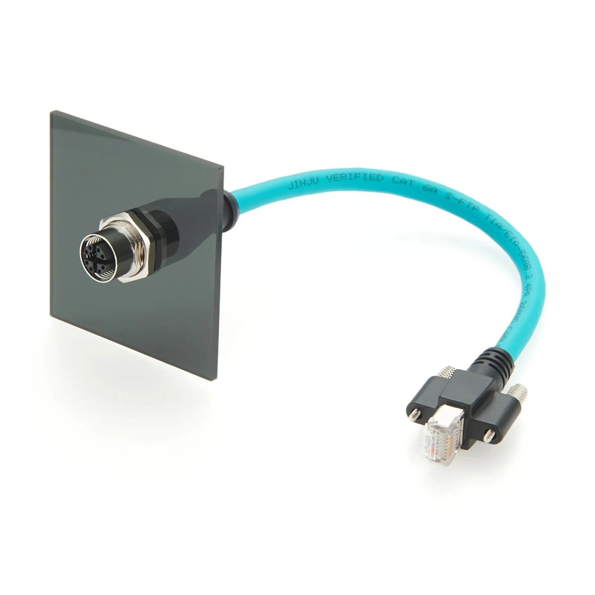 Construction close-up of M12 X-Coded Panel to RJ45 Screw-Locking Cable