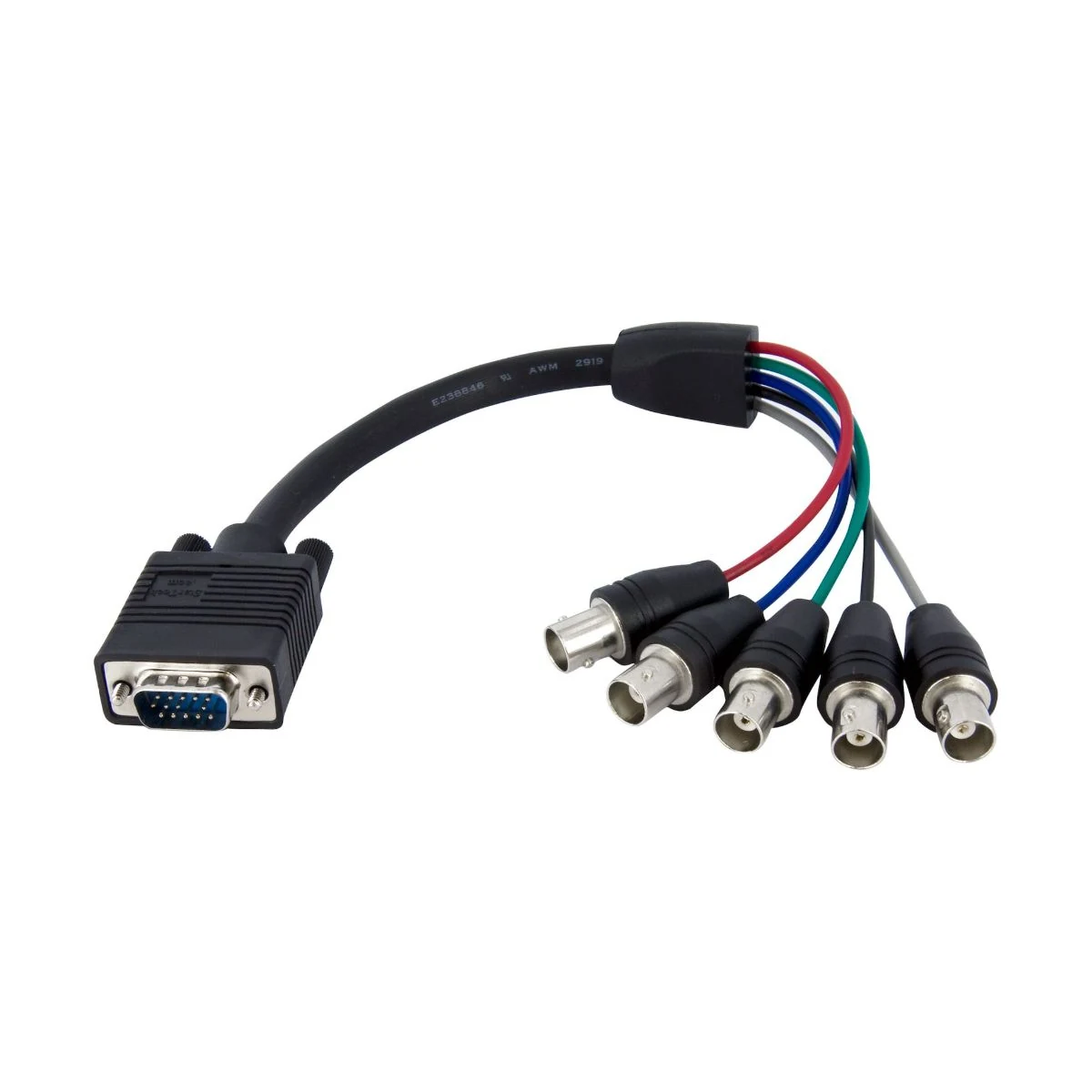 Construction close-up of HD15-VGA to 5-Way BNC Branch Harness