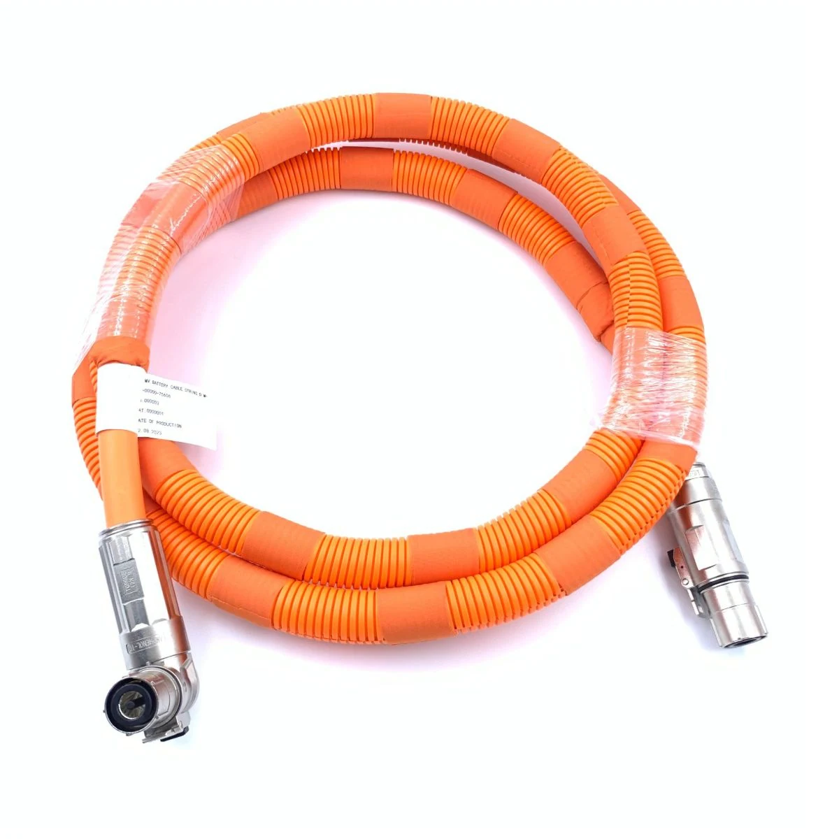 Construction close-up of Dual Threaded Circular Connector Orange Corrugated-Conduit Harness